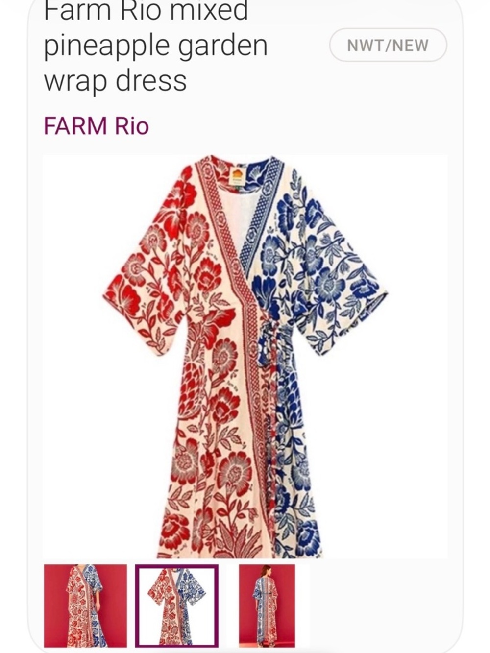 FARM Rio Red, Blue & Cream Floral Wrap Midi Dress